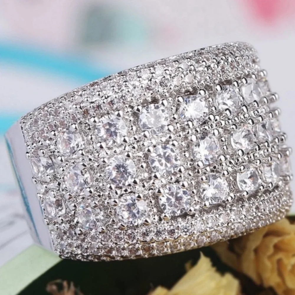 NEW WIDE PAVE BAND 925 STERLING SILVER DIAMOND RING, CUTE RING, SHINY RING. - Picture 6 of 7